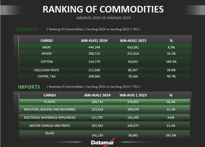 Ranking of Commodities on the East Coast of South America | Jan-Aug 2024 vs. Jan-Aug 2023 | DataLiner