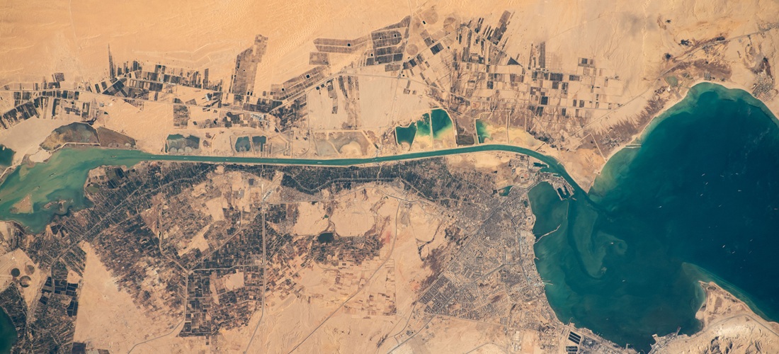 iss070e034694 (Nov. 30, 2023) --- The Suez Gulf (right) and the southern portion of the Suez Canal are pictured from the International Space Station as it orbited 260 miles above Egypt near the Mediterranean coast.